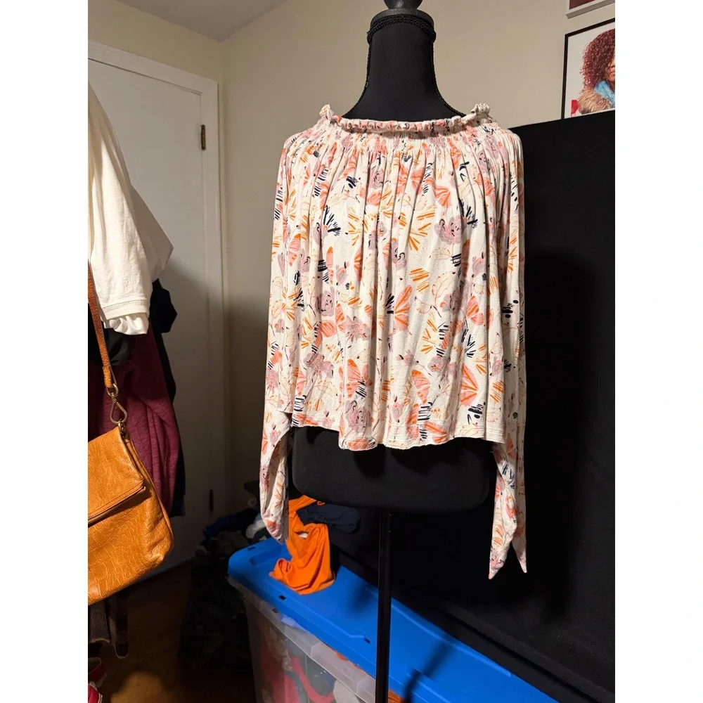 We The Free Free People Floral Smocked Off The Shoulder Long Sleeve Top Orange M